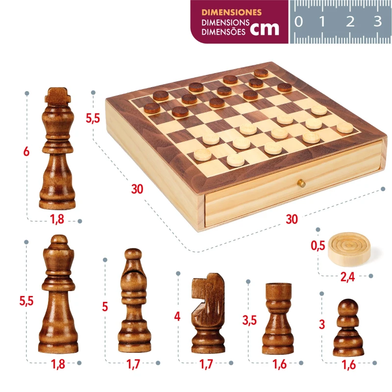 Juego 2 en 1 Ajedrez y Damas de Madera con Cajón, 30x30x5,5 Cm, Marrón y Blanco