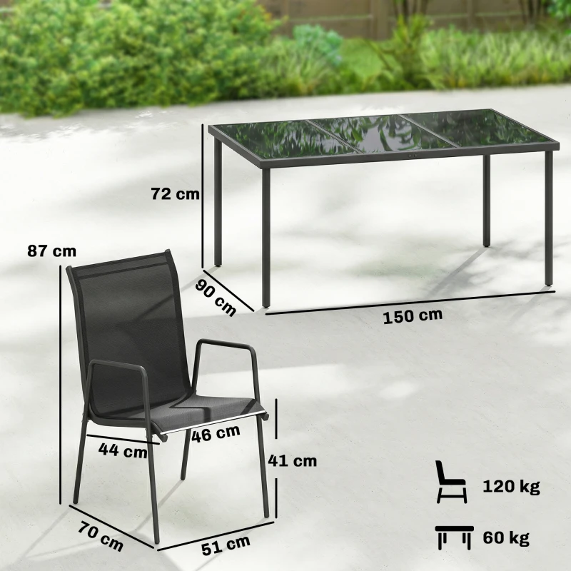 Outsunny Set de Grădină 7 piese din Oțel cu 6 Scaune Stivuibile din Textilenă și Masă de Cafea cu Blat din Sticlă, Negru