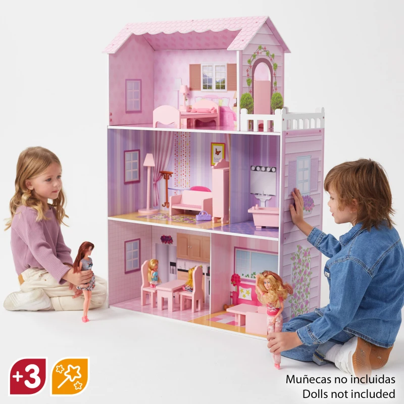 Casa de Muñecas de Madera WOOMAX 3 Plantas, 5 Estancias, 80x31x112 Cm, Rosa