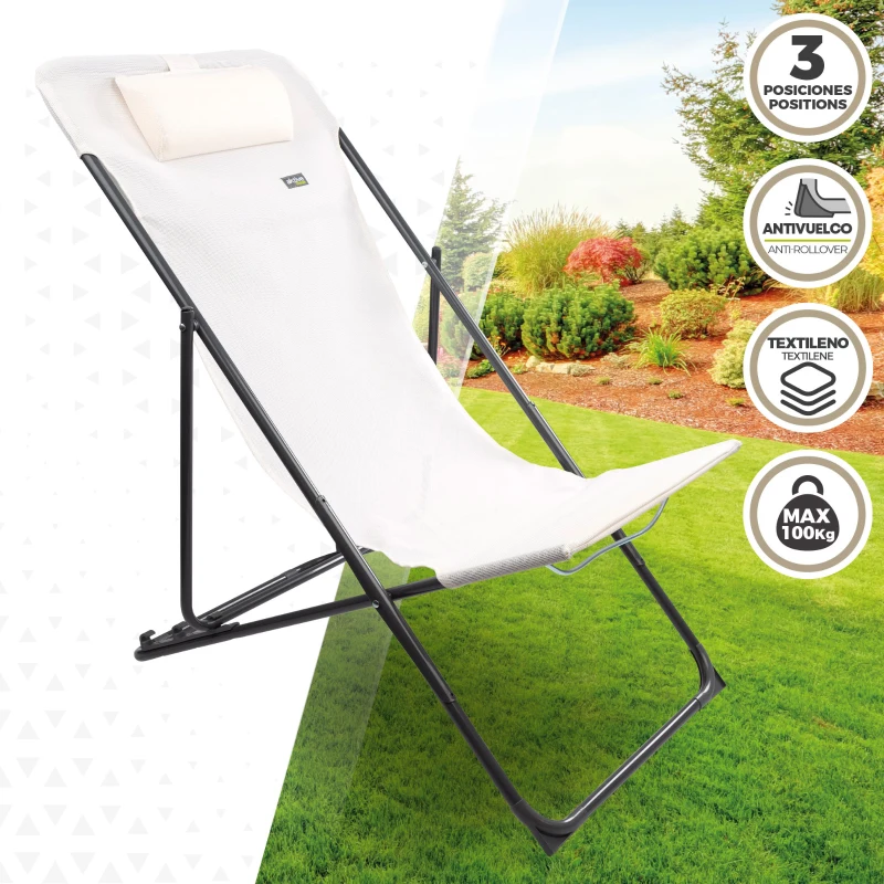 Silla Hamaca Plegable Multiposición con Cojín y Asa, 53x78x87 Cm, Blanco