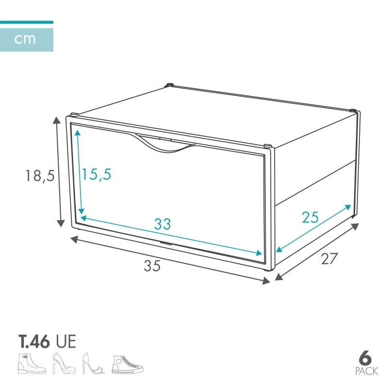 Pack 6 Cajas Zapatos Apilables Antivuelco 35x27x18,5 Cm, Semitransparente