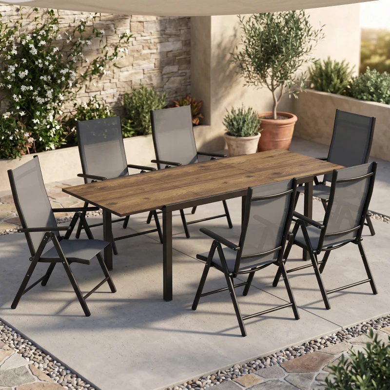 Outsunny Masă Extensibilă pentru Terasă cu Margini din aluminiu, 160/240x90x74 cm, Maro