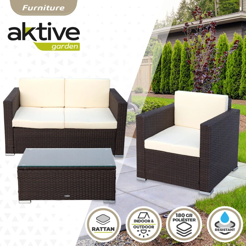 Conjunto Muebles Jardín Aktive Ratán Sintético y Cojines Acolchados, 128x72x72 Cm, Marrón Oscuro