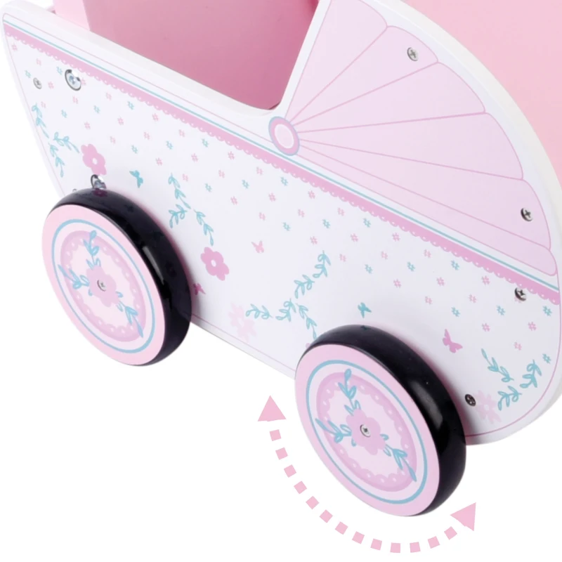 Carrito de Muñecas de Madera WOOMAX, Apto para Muñecas 30-40 Cm, 26x7x42 Cm, Blanco y Rosa