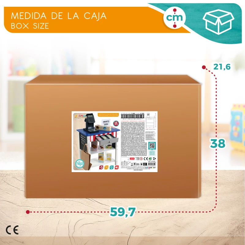 Supermercado de Juguete de Madera con Caja Registradora y 27 Accesorios, 48x30x70 Cm, Azul y Blanco