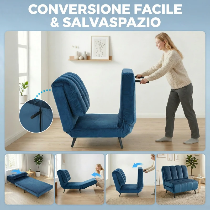 HOMCOM Poltrona Letto Pieghevole Trasformabile con Schienale Regolabile, Blu