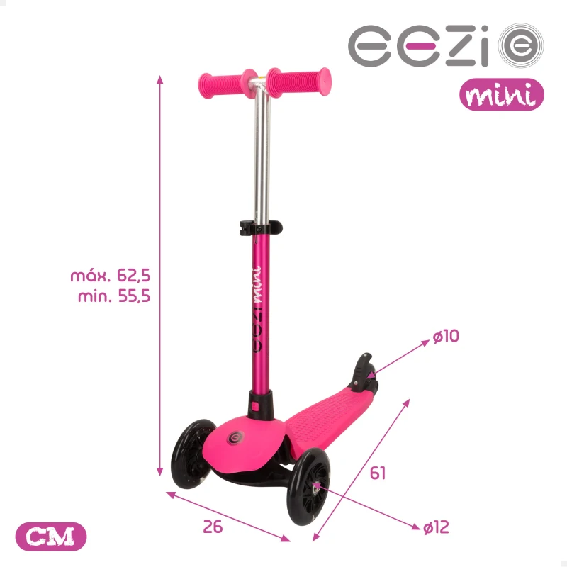 Patinete 3 Ruedas Infantil Aluminio Manillar Desmontable, 26x61x62,5 Cm, Fucsia