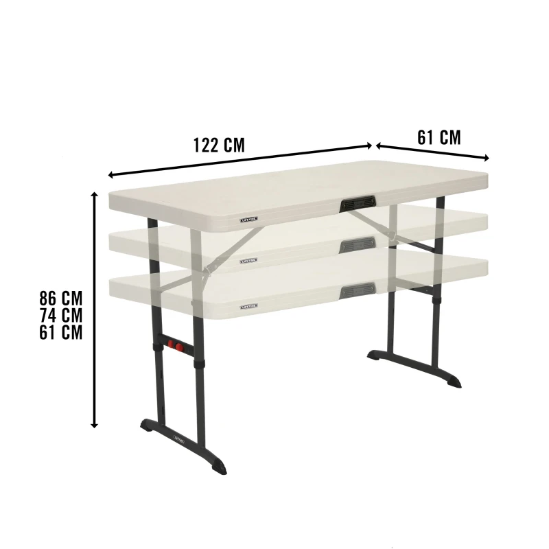 Mesa Plegable Ajustable en Altura, 122x61x61-74-86 Cm, Crema