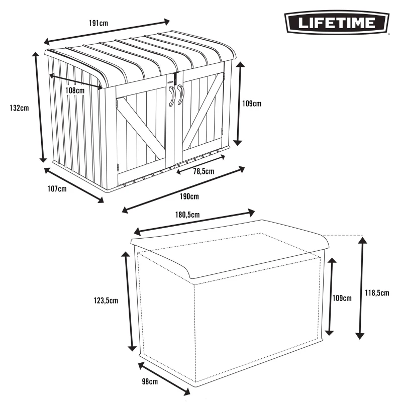 Arcón Exterior Lifetime con Puertas Dobles y Tapa Abatible, 190x106x131 Cm, Gris