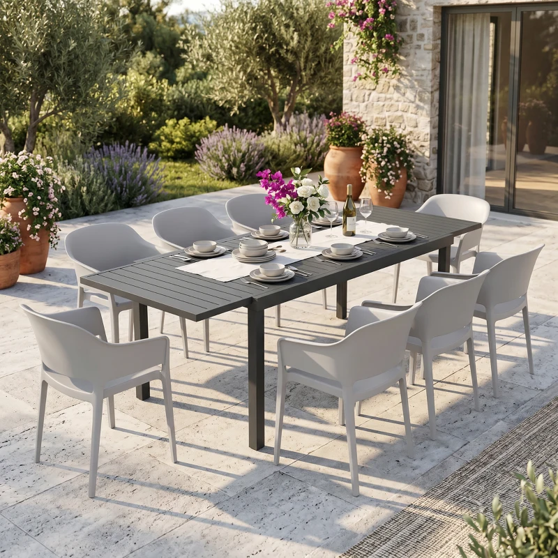 Outsunny Masă de Grădină Extensibilă 150/225x85x75 cm Masă de Luat Masa din Aluminiu cu Blat cu Șipcă pentru 6-8 Persoane Gri