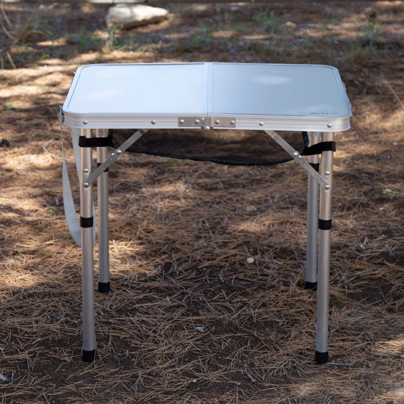 Mesa Plegable Camping Maletín Antideslizante con Red Auxiliar, 45x30x6,5 Cm, Beige