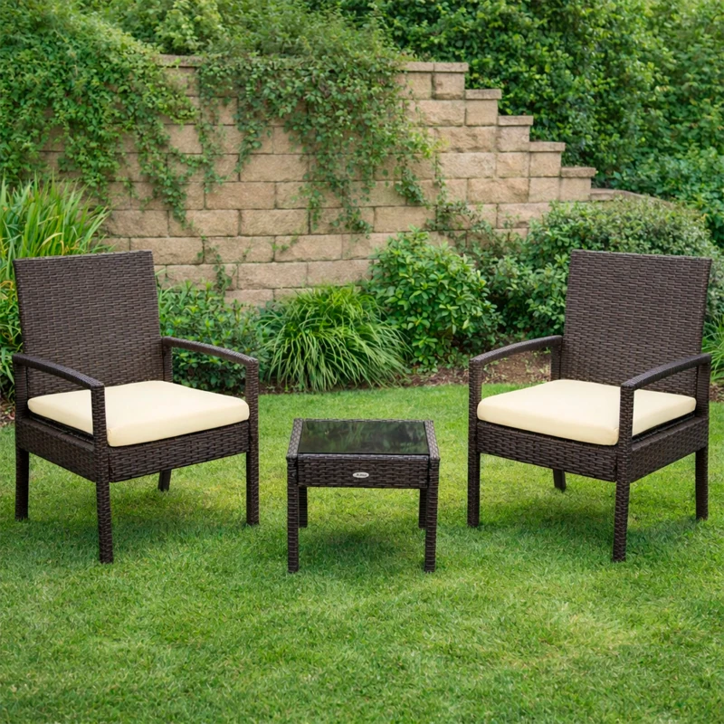 Conjunto Muebles de Jardín 2 Sillones y Mesa con Cojines, 54,5x59x79 Cm, Marrón Oscuro