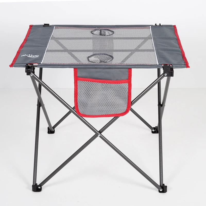 Mesa Plegable de Camping con 2 Posavasos y Bolsillo Lateral, 62x50x50 Cm, Gris y Rojo