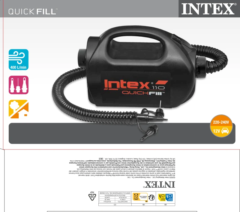 Hinchador Eléctrico INTEX Quick-Fill 400 L/min, 27,5x14,5x17,5 Cm, Negro