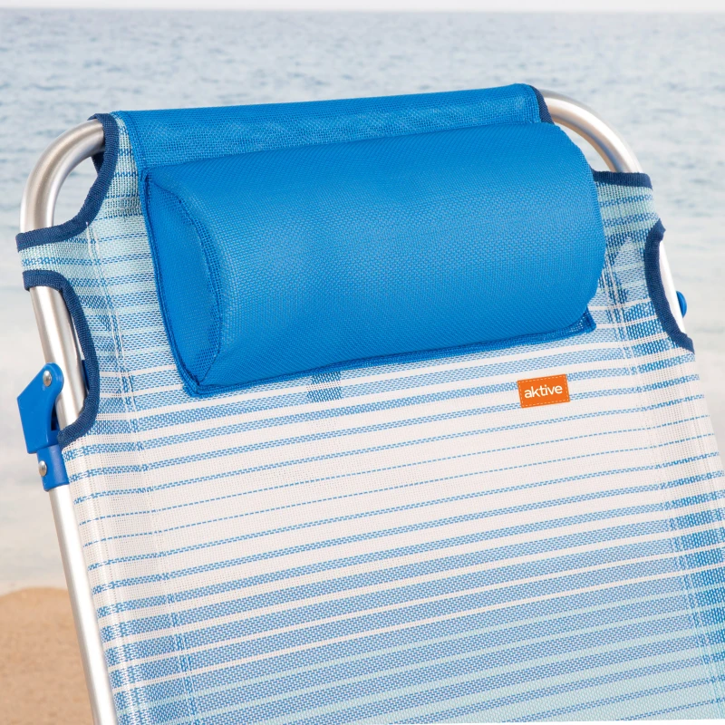 Silla Baja de Playa Plegable Reclinable 4 Posiciones con Cojín y Bolsillo, 64x11x64 Cm, Azul a Rayas