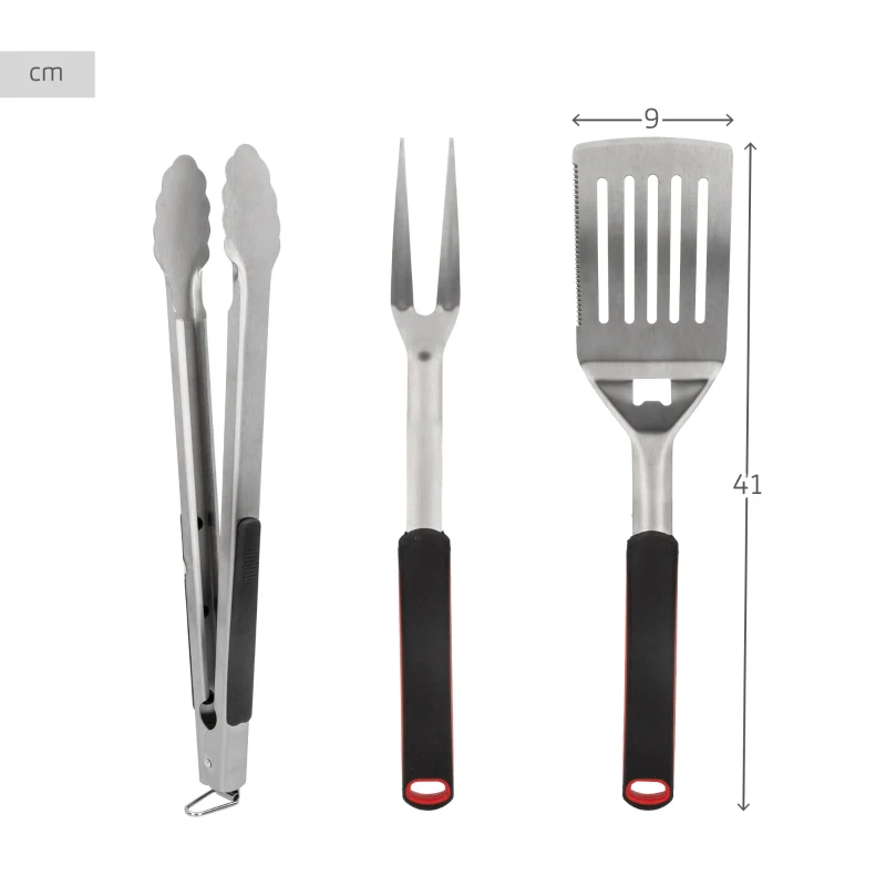 Set Utensilios Barbacoa Aktive, Acero Inoxidable con Mango Antideslizante, 41x9 Cm, Gris y Negro