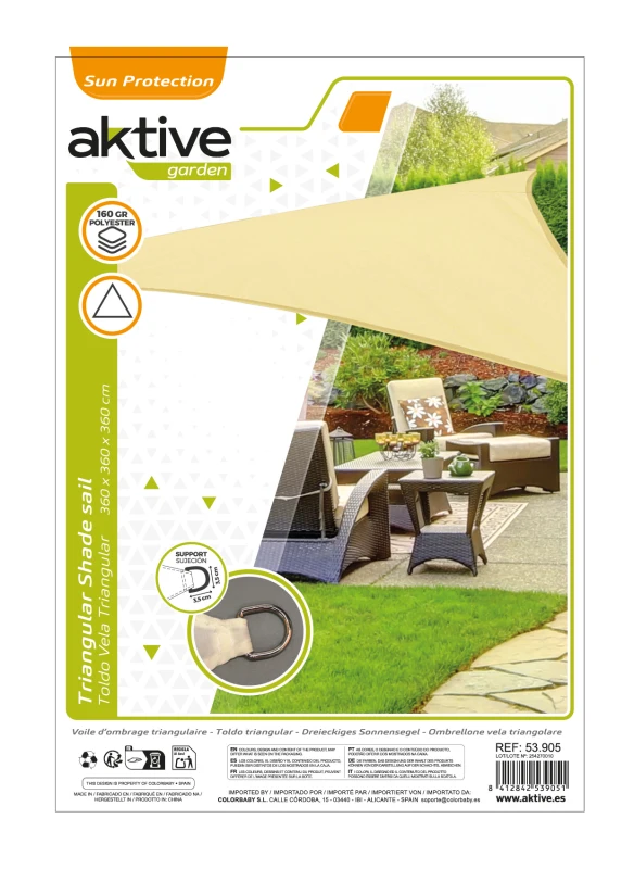 Toldo Vela Triangular Aktive Garden, 360x360x360 Cm, Crema