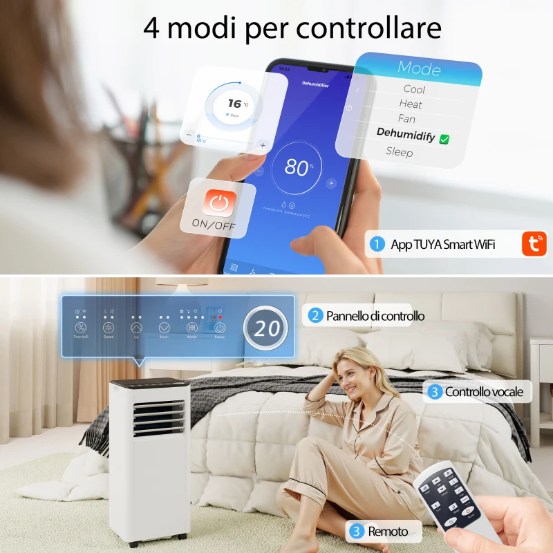 HOMCOM Condizionatore Portatile 9000 BTU con Raffreddamento, Deumidificatore, Ventilatore e Modalità Notte.