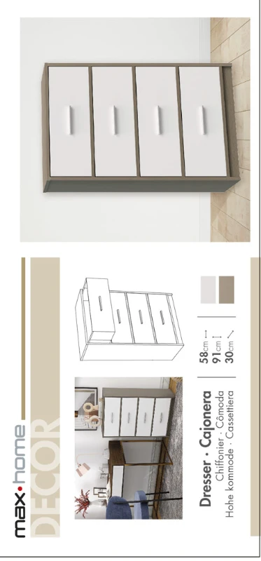 Cómoda Vertical 4 Cajones de Tela, 58x30x91 Cm, Blanco y Madera