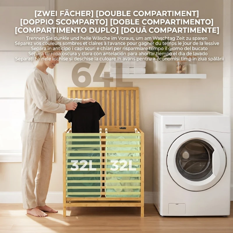HOMCOM Coș de Rufe din Bambus 64L cu Capac, 2 Saci din Material Oxford Detașabili și Lavabili, Culoare Lemn