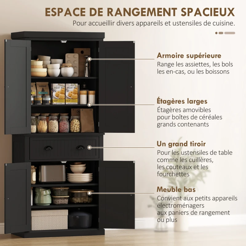 HOMCOM Buffet haut cuisine, armoire de cuisine avec 4 portes, tiroir et étagères réglables, 76,2 x 40,2 x 183 cm, noir