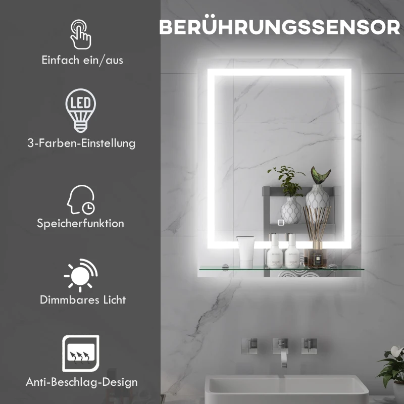 kleankin Badezimmerspiegel mit LED-Beleuchtung, 3 Lichtfarben, Antibeschlag-Funktion, verkabelt, 70 x 50 cm