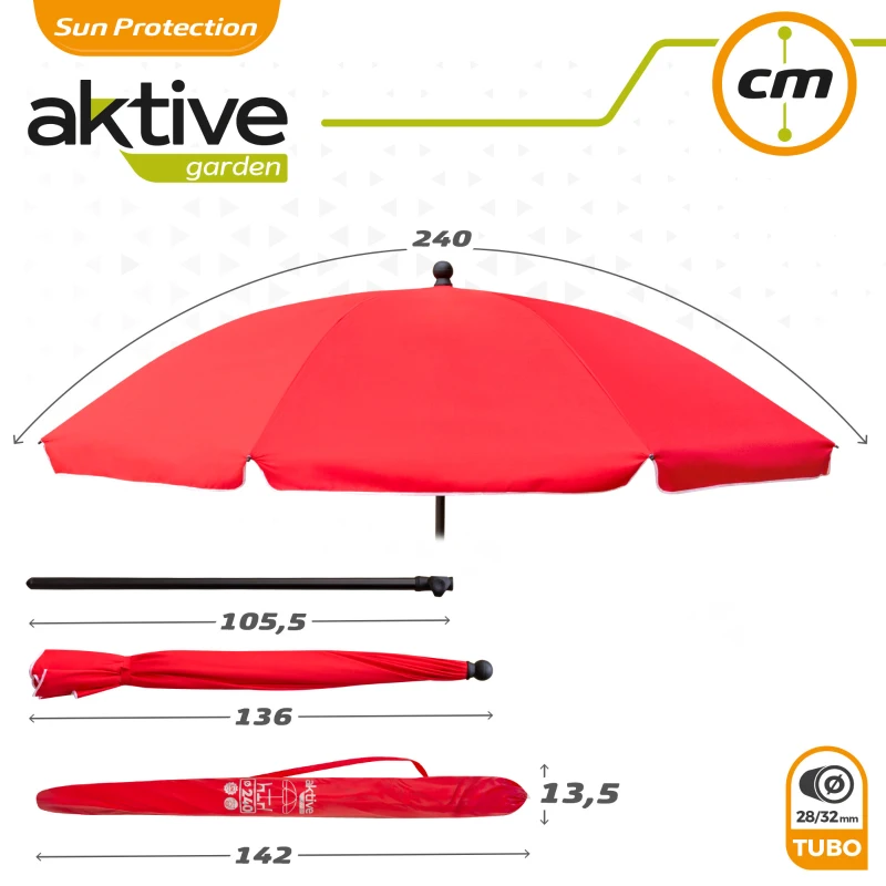 Sombrilla de Jardín Aktive Filtro UV30, 240x240x230 Cm, Rojo