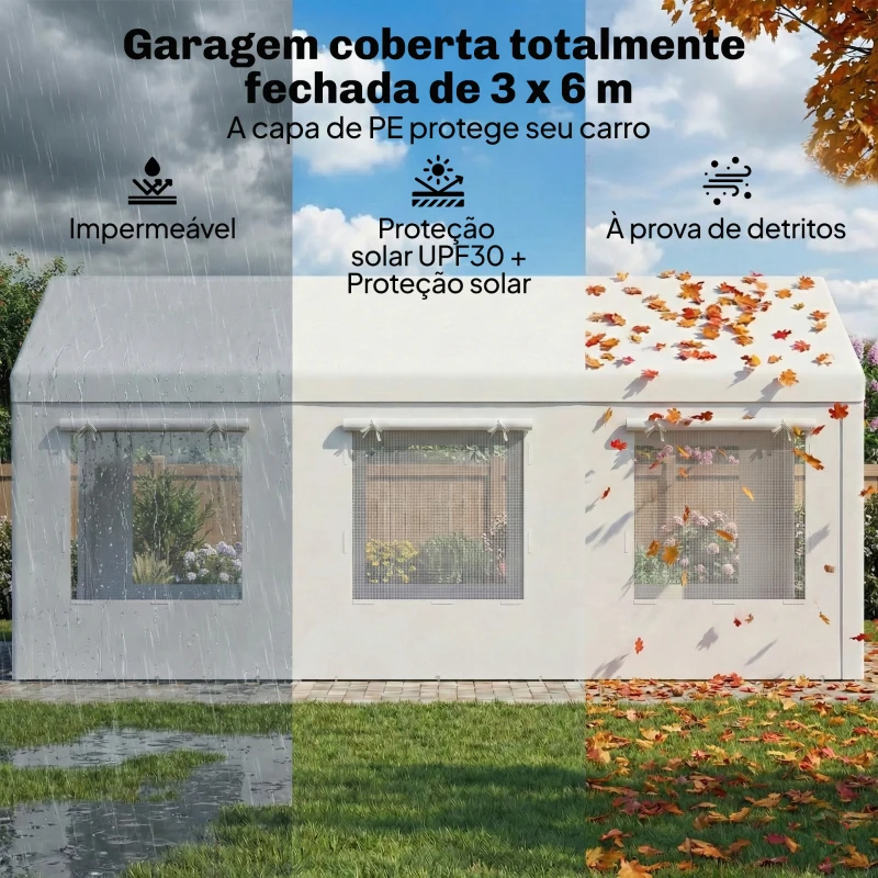 Outsunny Garagem Exterior para Carro 3x6 m Impermeável de PE Resistente Estrutura de Aço Galvanizado Altura Ajustável Branco