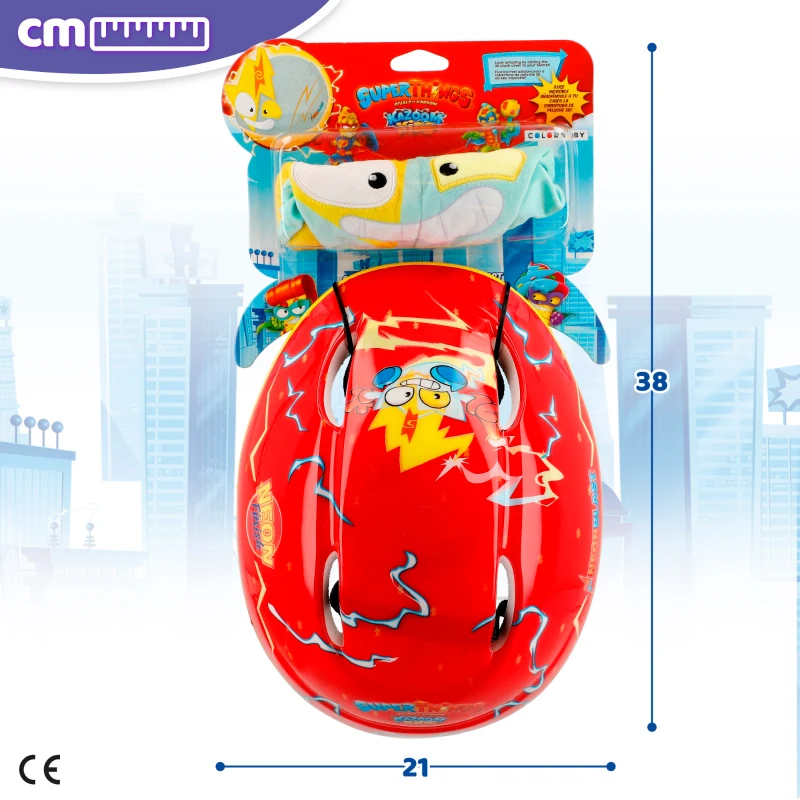Casco Infantil SuperThings con Funda de Peluche 3D Neon Blast, 20x26x13 Cm, Rojo, Amarillo y Azul