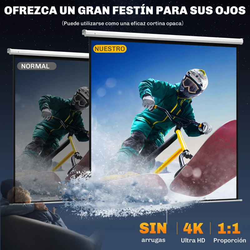 HOMCOM Pantalla de Proyector Manual 120 Pulgadas Pantalla de Proyección Portátil Formato 1:1 para Interior y Exterior Cine en Casa Patio 207x207 cm Blanco