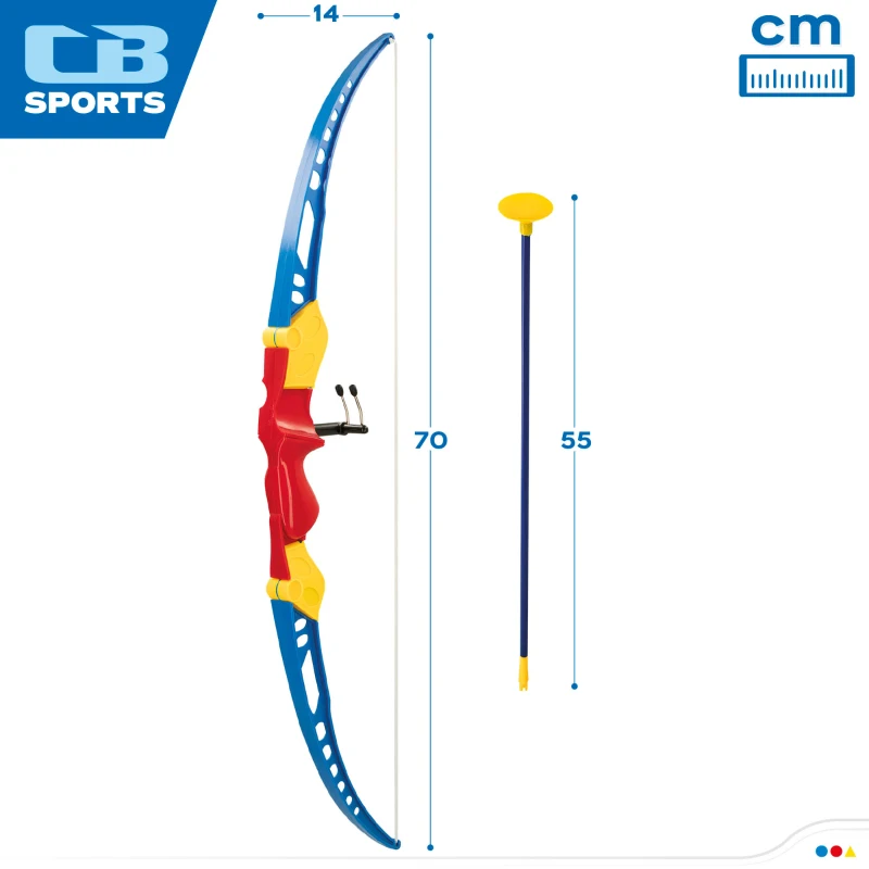 Set Tiro con Arco CB Toys, Arco 70 Cm y 3 Flechas con Ventosa, 22x4x70,5 Cm, Azul, Amarillo y Rojo