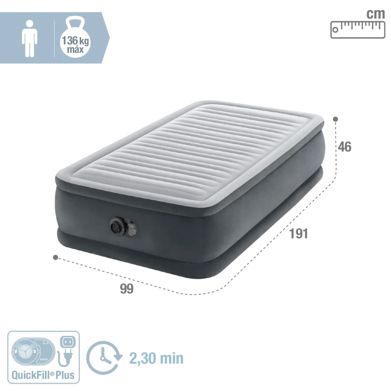 Colchón Hinchable Individual Dura-Beam Deluxe con Hinchador Eléctrico, 99x191x46 Cm, Gris