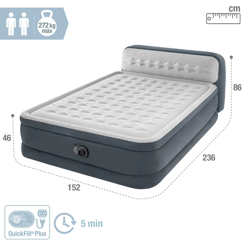 Colchón Hinchable Doble Intex Ultra Plush Cabecero Integrado, 152x236x46 Cm, Gris