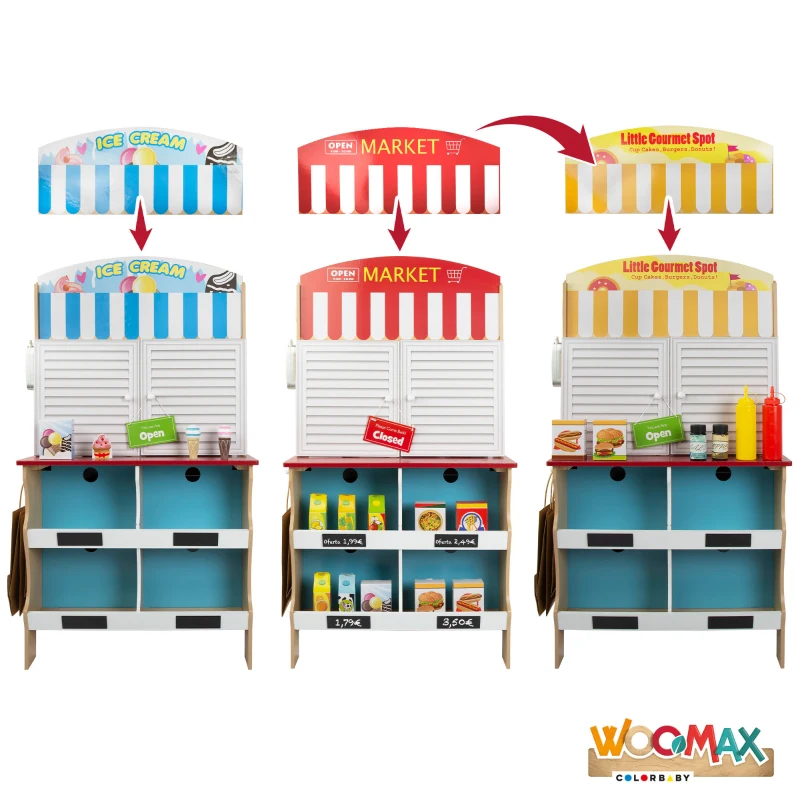 Cocinita Heladería de Madera 2 en 1 con 25 Accesorios, 59,7x39,4x108,6 Cm, Madera Natural