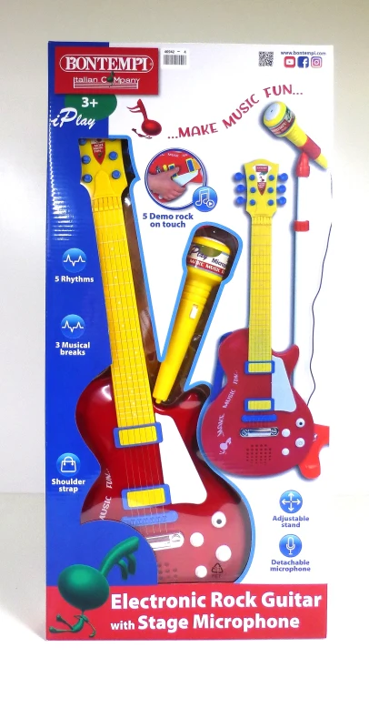 Guitarra Eléctrica Infantil Bontempi con Micrófono y Altavoz, 30x5,5x63 Cm, Rojo y Amarillo
