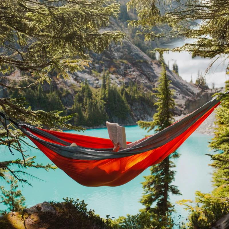 Hamaca Colgante Camping Ultraligera con Cuerdas y Mosquetones, 300x140 Cm, Rojo y Gris
