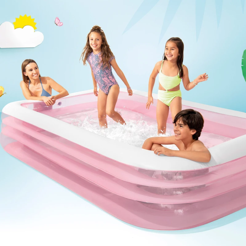 Piscina Hinchable Infantil Rectangular 3 Aros PVC 0,3 Mm, 305x183x56 Cm, Rosa y Blanco
