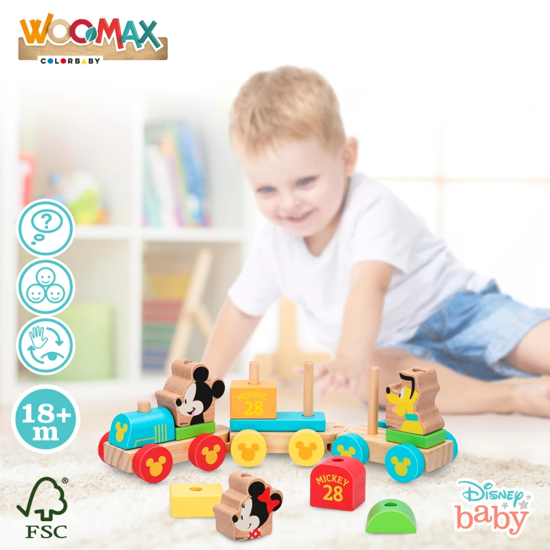 Tren de Madera Disney Woomax, 14 Piezas y 3 Vagones, 36x10x11,5 Cm, Madera Natural