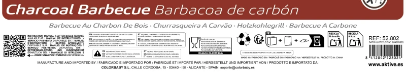 Barbacoa de Carbón Portátil Aktive, Parrilla Regulable 3 Alturas, 42x77 Cm, Negro
