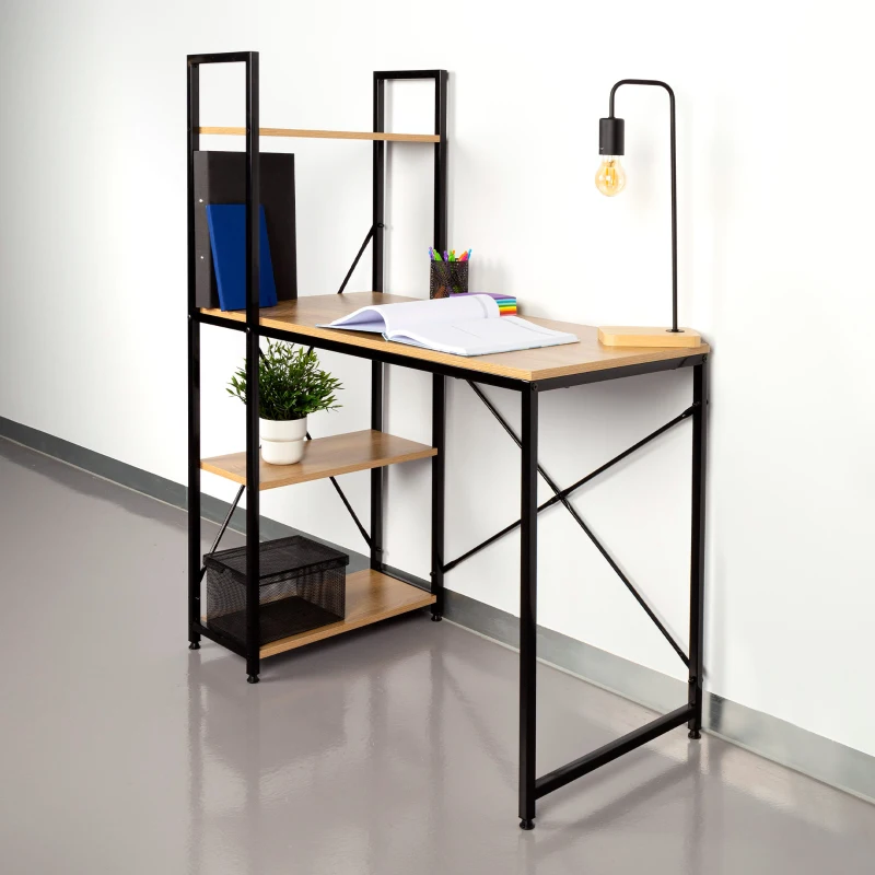 Escritorio Max Home Madera y Acero con Estantería Integrada, 100x52x120 Cm, Negro