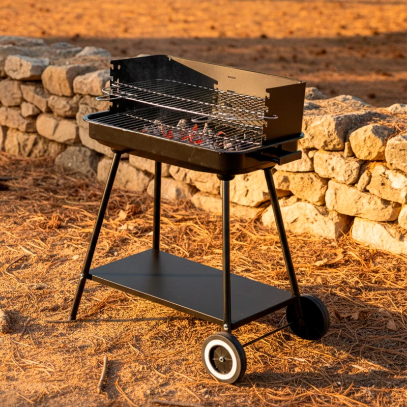 Barbacoa Portátil Carbón Acero Inoxidable Parrilla 4 Alturas, Ruedas y y Asa, 55x43x82 Cm, Negro