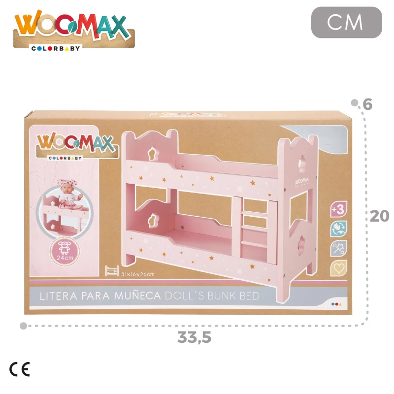 Litera de Madera para Muñecas Doble con Escalera, 31x16x26 Cm, Rosa Palo