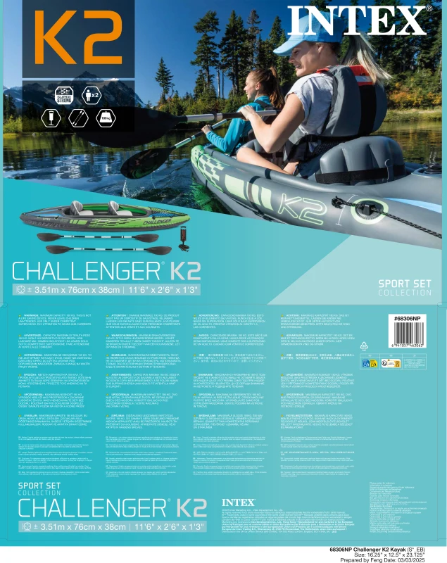 Kayak Hinchable Challenger K2 2 Plazas I-Beam y Suelo Hinchable, 351x76x38 Cm, Verde, Negro y Azul