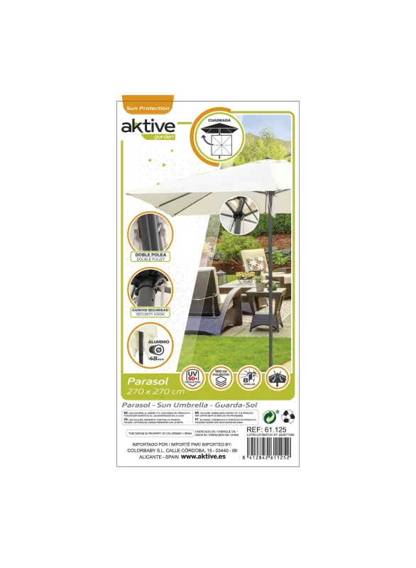 Sombrilla para Jardín Cuadrada Protección UV50, 270x270x260 Cm, Crema