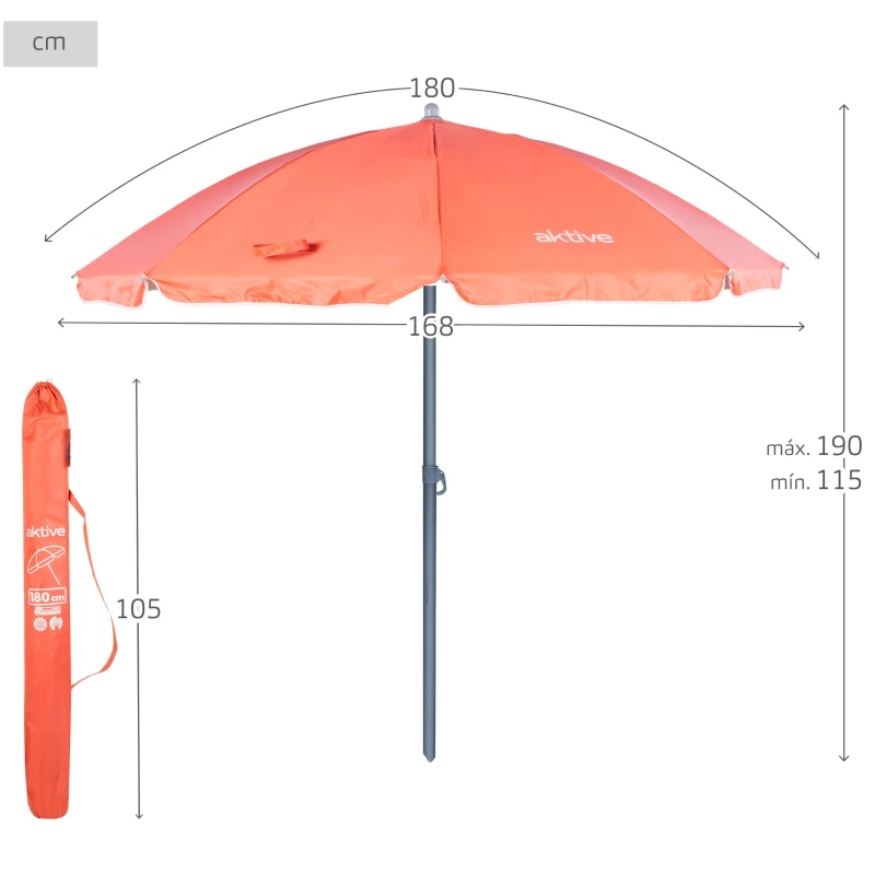 Sombrilla Playa Aktive, 8 Varillas Fibra de Vidrio, Mástil Inclinable, Ø180 Cm, Coral