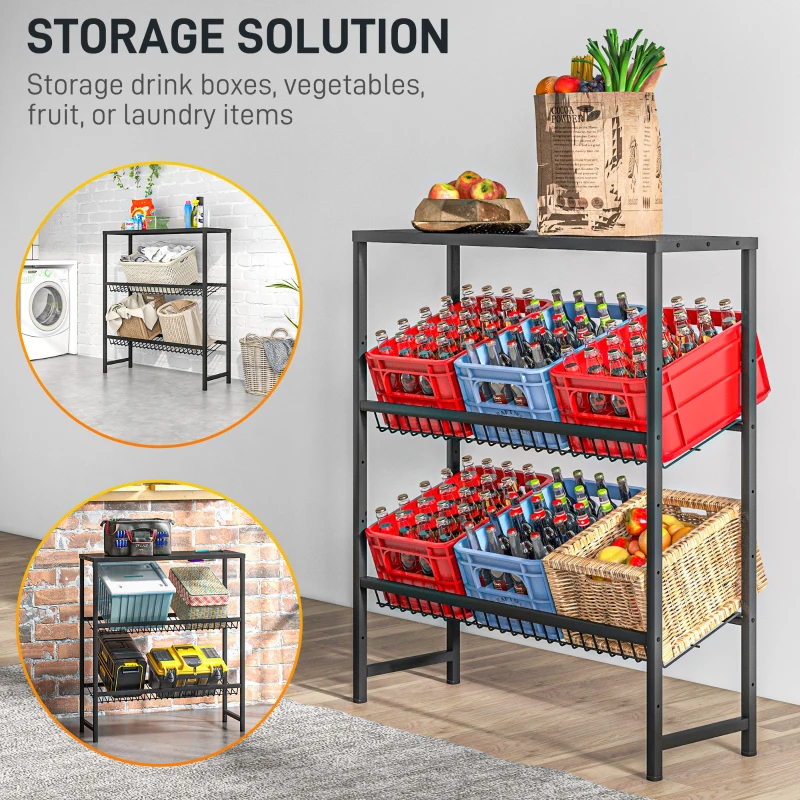 HOMCOM Raft depozitare, ajustabil în înălțime, metal stabil, design compact, capacitate de încărcare 210 kg, Negru