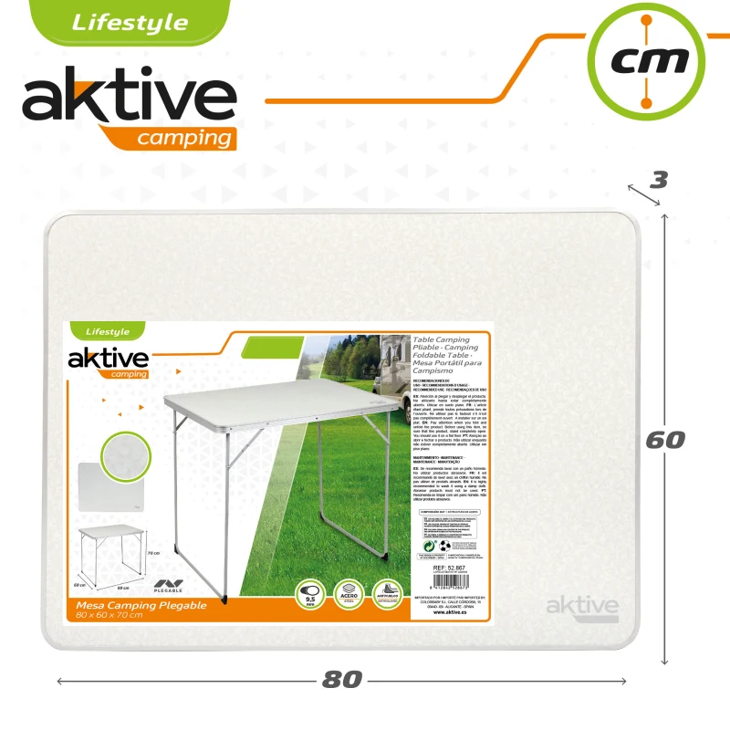 Mesa Plegable de Camping Aktive, Estructura de Acero 9,5 Mm y Tablero MDF, 80x60x70 Cm, Blanco