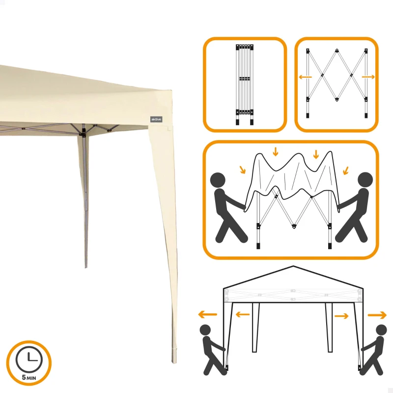 Cenador Plegable Estructura Acero Montaje Rápido, 300x300x240/250 Cm, Crema