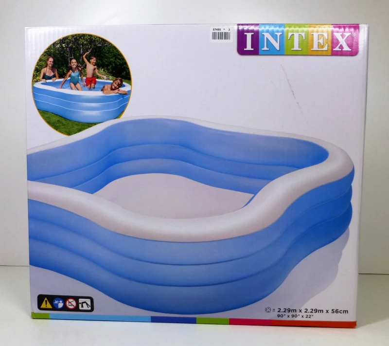 Piscina Hinchable Intex Cuadrada 3 Aros Ondulados 229x229x56 Cm, Azul y Blanco