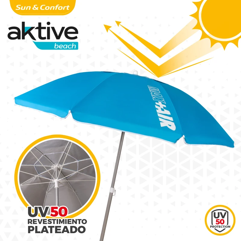 Sombrilla de Playa Aktive Antiviento 8 Varillas, 200 Cm, Azul